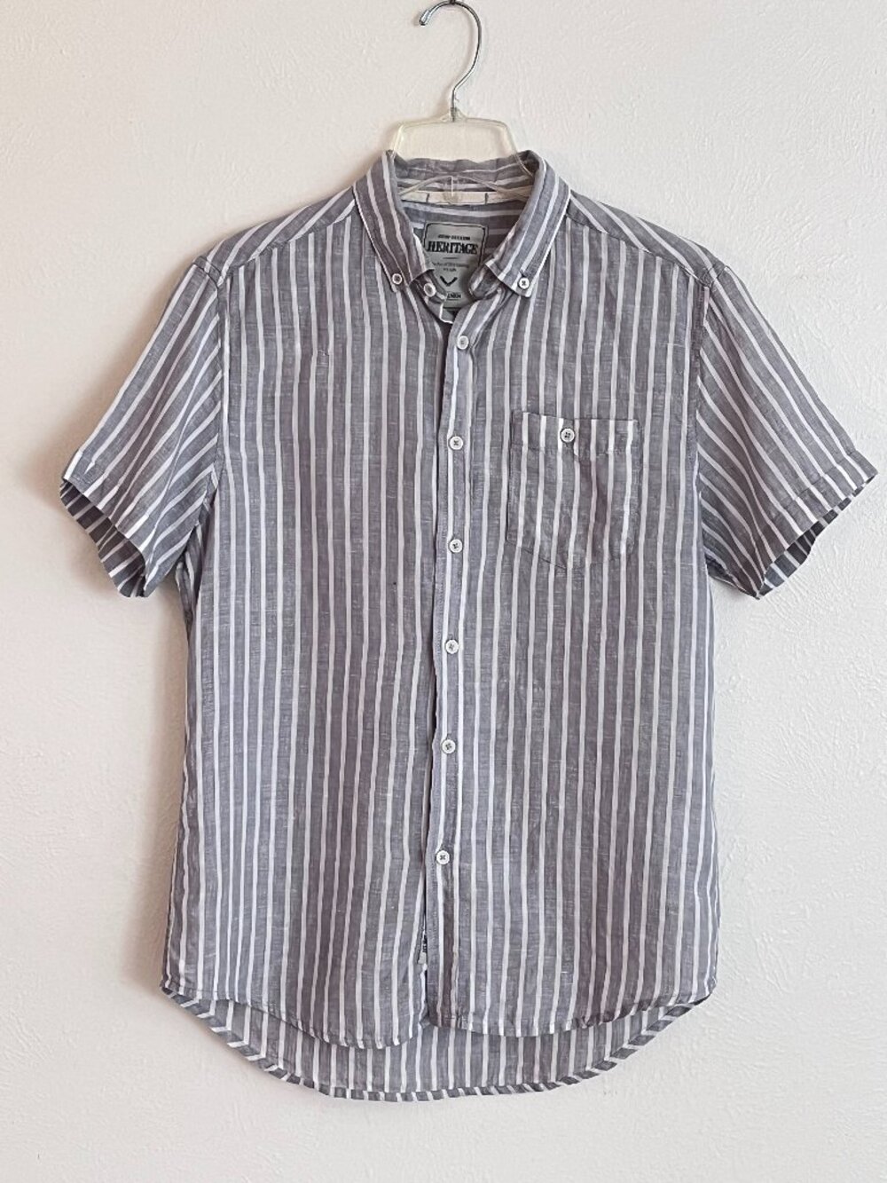Report Collection Heritage Men's Gray White 100% Linen Short Sleeve Shirt Size M